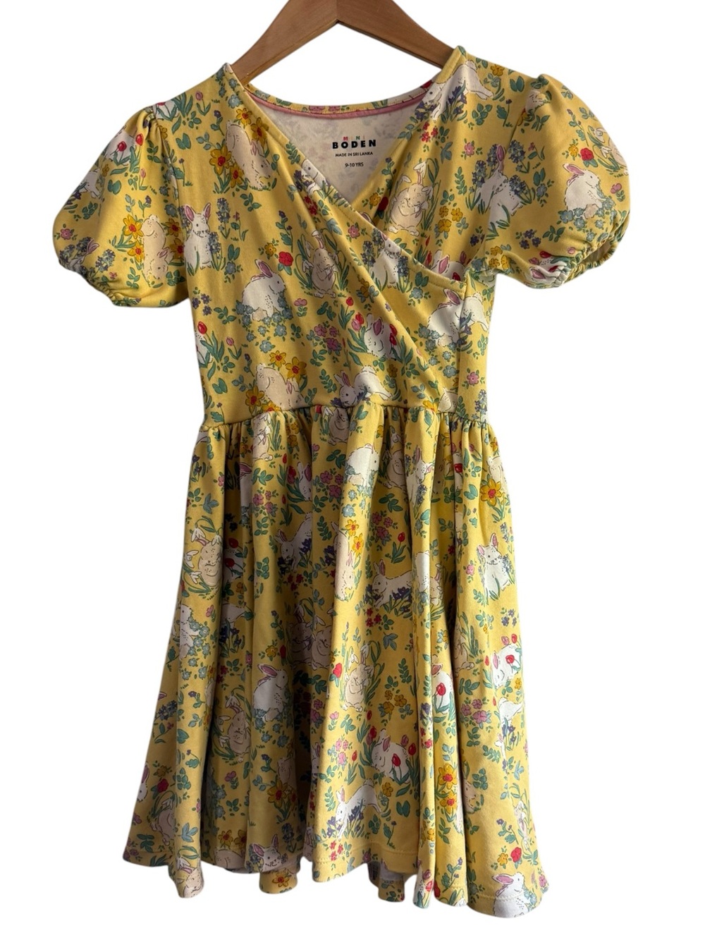 Mini Boden Girls Yellow Bunny Floral Wrap Jersey Dress Short Puff Sleeve 9-10Y
